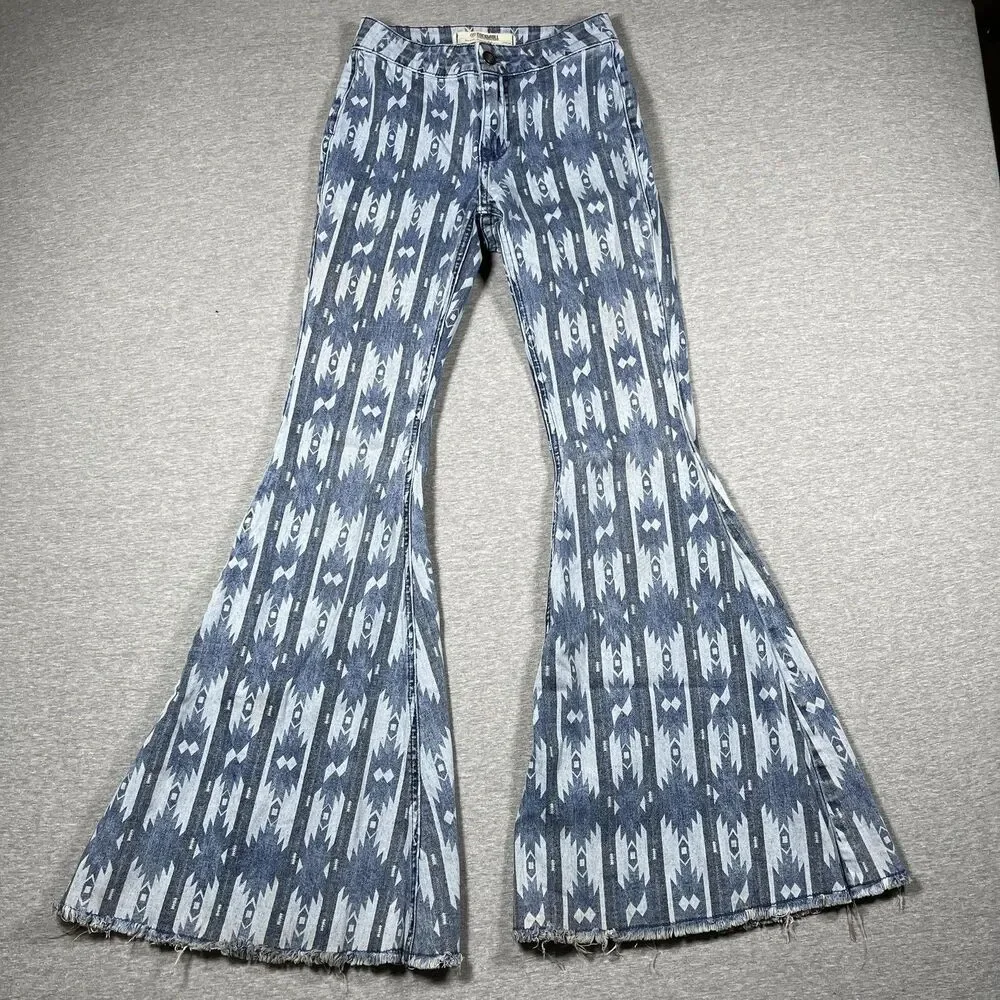 Rock & Roll Denim Jeans Womens 24x34 Blue Crazy Wild Flared Bell Bottoms - Picture 1 of 10